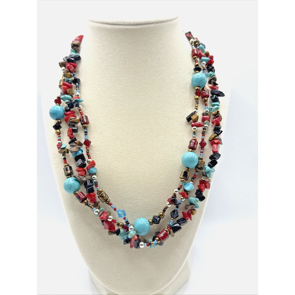 Gemstone Chip Turquoise‎ Coral 3 Tiered Necklace Southwest Colorful 20"